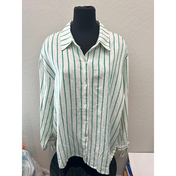 🆕 SCOOP | Green White Striped Linen Blend Button Front Plus Size Top | XXL 20 - Picture 2 of 8
